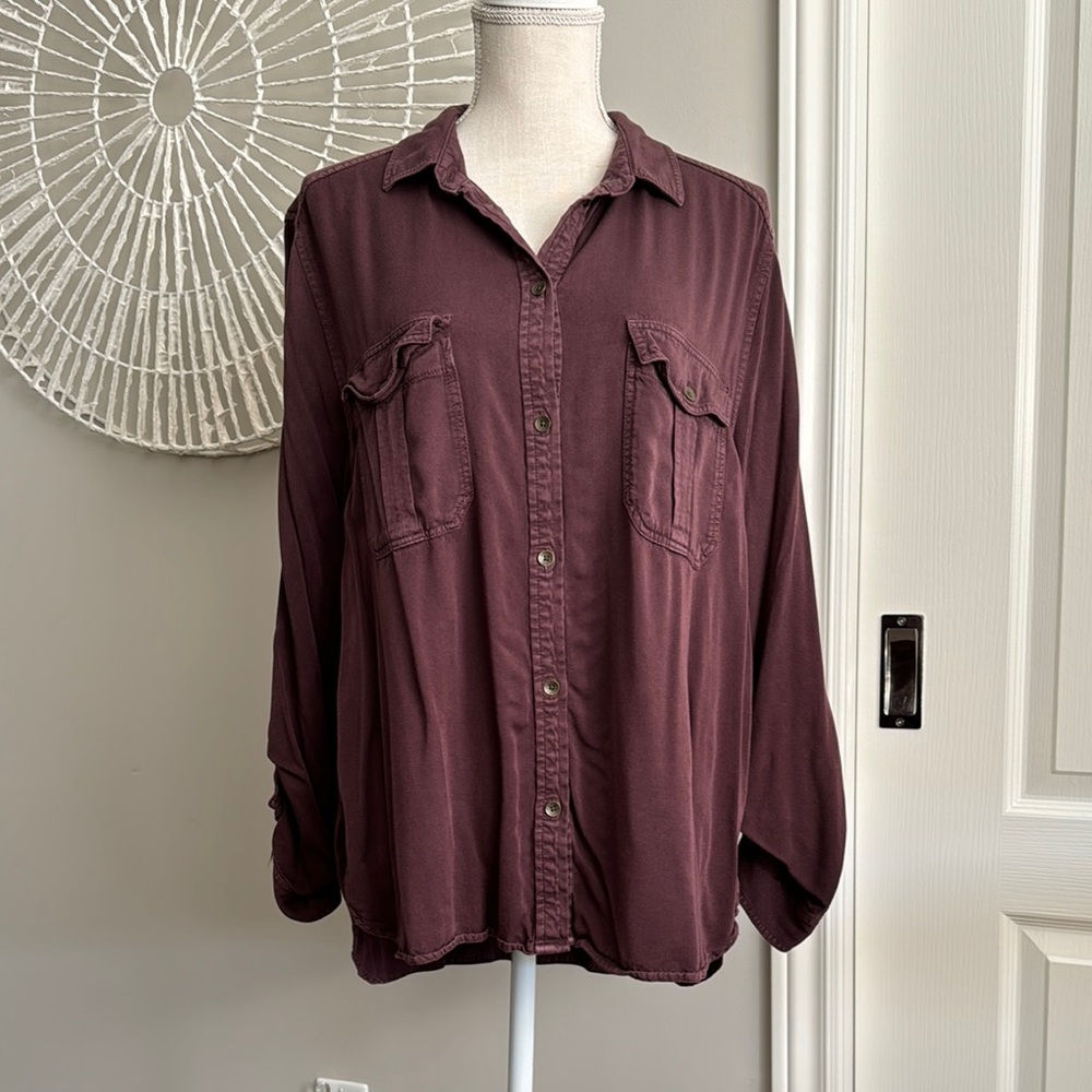 American Eagle Burgundy Long Sleeved Collared Button Down Boyfriend Fit …